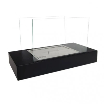 Noir, bioéthanol au feu de table avec verre. Bonne affaire. Cheminée bio noire de table sur pied parfaite comme décoration d'étagère. Bonne affaire.
