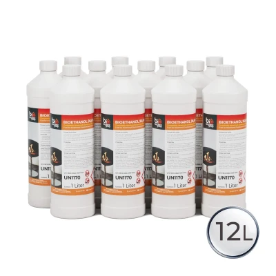 Bioéthanol, combustible liquide pour votre cheminée bio, 12 litres. 12 bouteilles de 1L de bioéthanol liquide, entièrement approuvées et certifiées. Fabriqué en Allemagne.