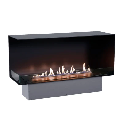 Foco Corner Left 1200 - Insert de cheminée d'angle à gauche Foco Corner Left 1200 - Foyer bioéthanol d'angle moderne avec un cadre noir élégant et des flammes vibrantes.