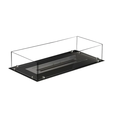 Foco Free 800 - Cheminée bioéthanol avec quatres côtés ouverts Foco Four 800 cheminée bioéthanol encastrée à 4 faces avec cadre en acier noir, panneaux en verre trempé et un affichage de flam